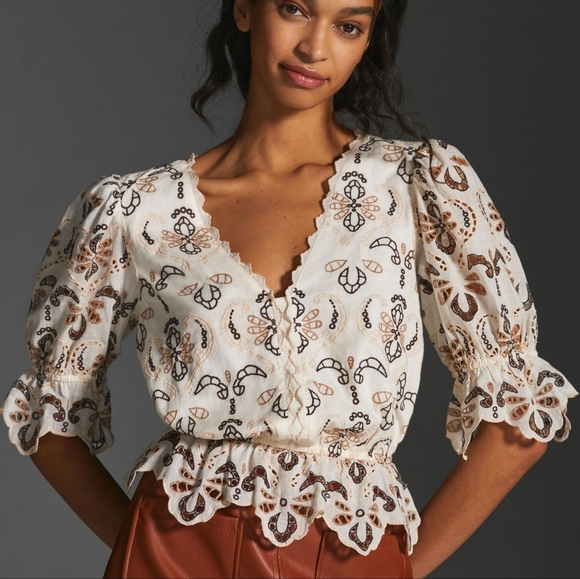 Anthropologie Tops - Anthropologie Eyelet Cream Blouse size Medium
